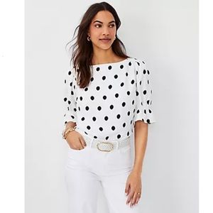 NWT Ann Taylor Dotted Ruffle Mixed Media Puff Sleeve Top size Large
